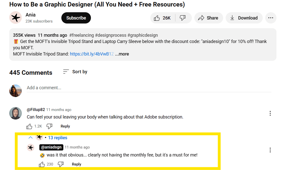 Example of a YouTuber Responding to the First Comment on Their Video
