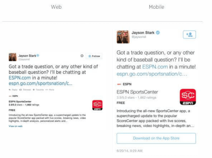 A snapshot of a tweet created using the App Card