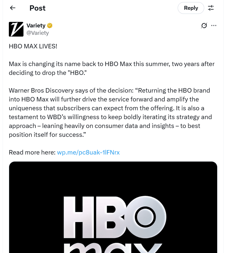 Example of a Recent Tweet About HBO Rebranding
