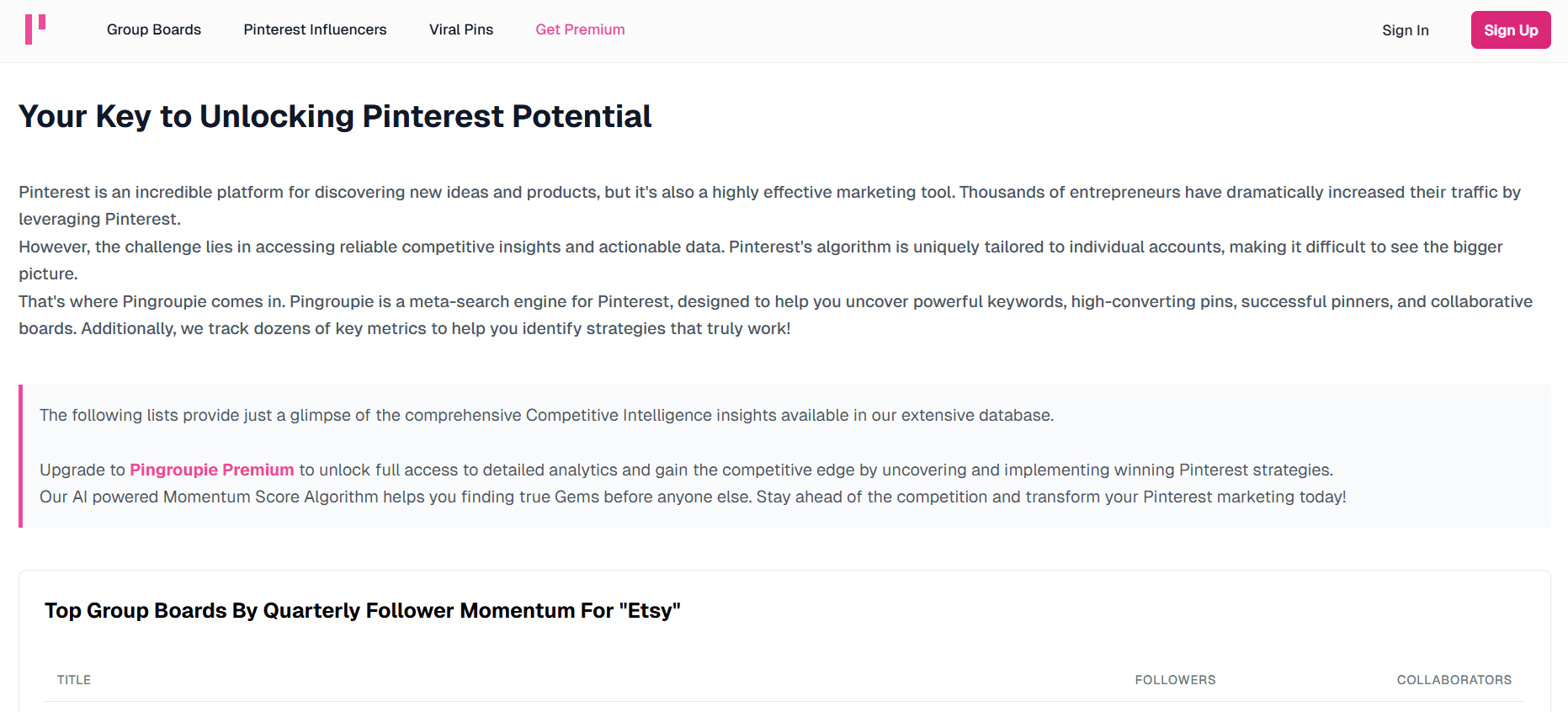 15 Best Pinterest Tools for 2025 to Boost Your Marketing Strategy 18 Pingroupie’s Landing Page