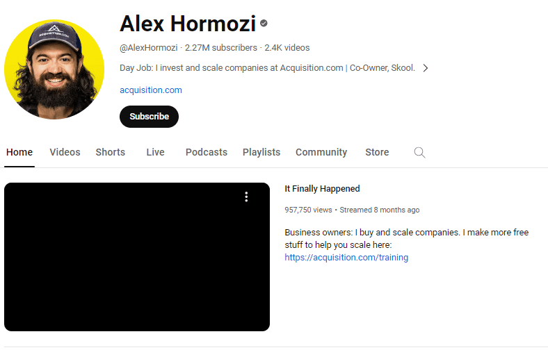 How to Explore YouTube for Business: Tips and Strategies 8 A snapshot of Alex Hormozi's optimized channel