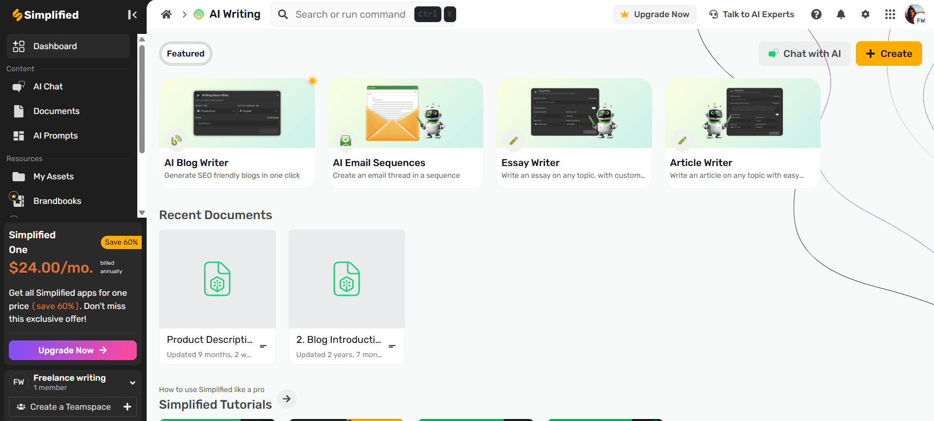 Best AI Content Creation Tools in 2025: Smarter Writing, Visuals & Social Media at Scale 11 Simplified AI’s Dashboard