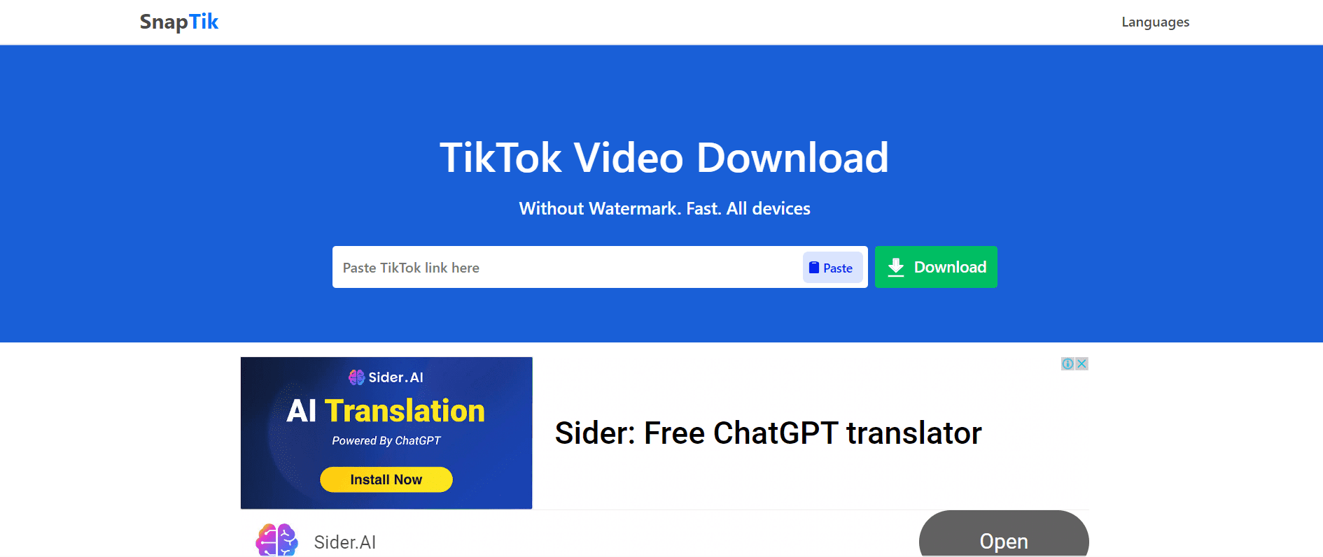 TikTok Viewer Guide: How to Watch, Download, and Analyze Videos Without Logging in (Tested & Reviewed) 9 SnapTik's Landing Page