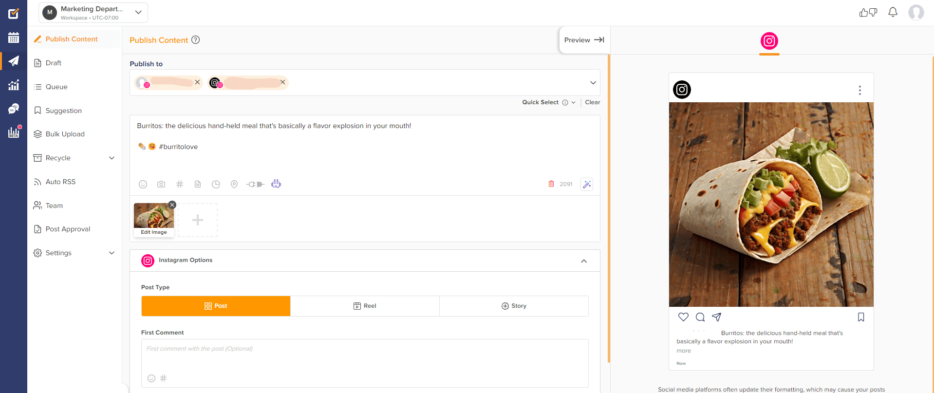 How to Manage Multiple Instagram Accounts in 2026: Tools, Tips, & More! 11 Creating a post for multiple Instagram accounts with Social Champ