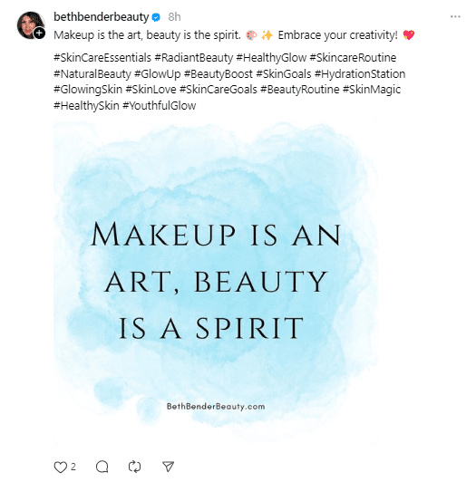 Use of hashtags by BethBenderBeauty on Threads