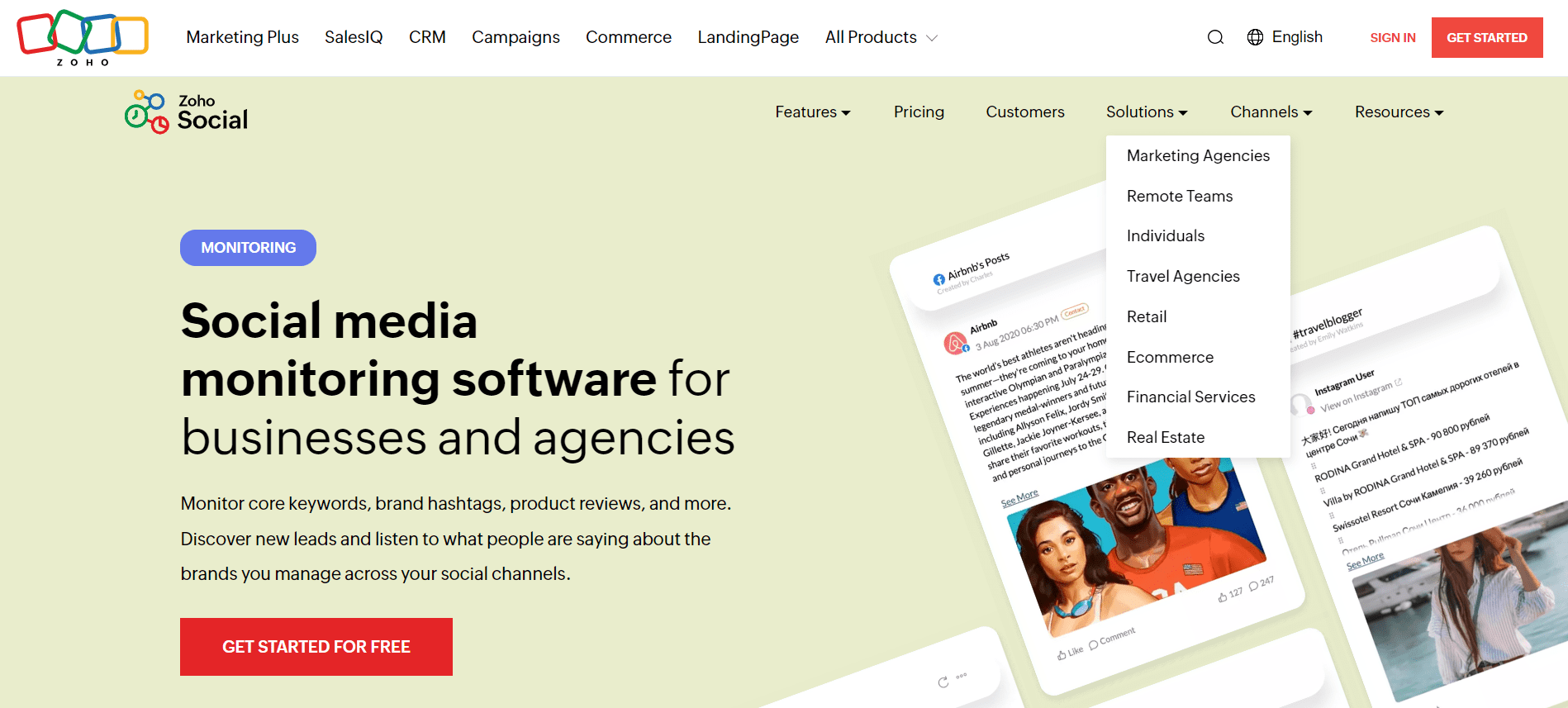 Zoho Social for social monitoring-landing page