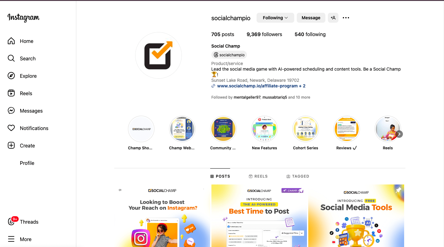 Social Champ’s Instagram page, featuring its work, product, and updates