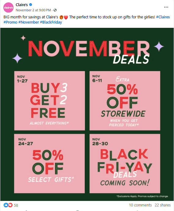 Black Friday Marketing 2025: Strategy, Channels & Revenue-Boosting Tactics 9 Claire's Creating Urgency With Black Friday Sale