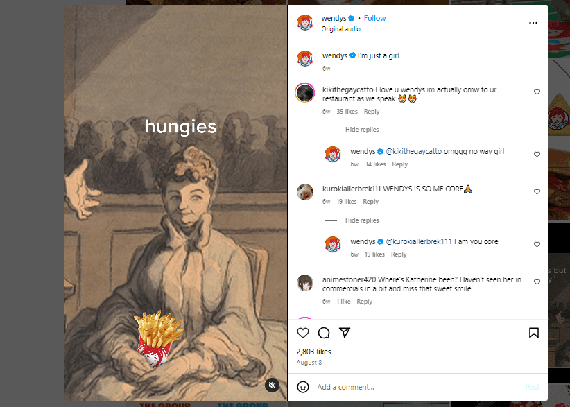 Example of Wendy’s on Instagram