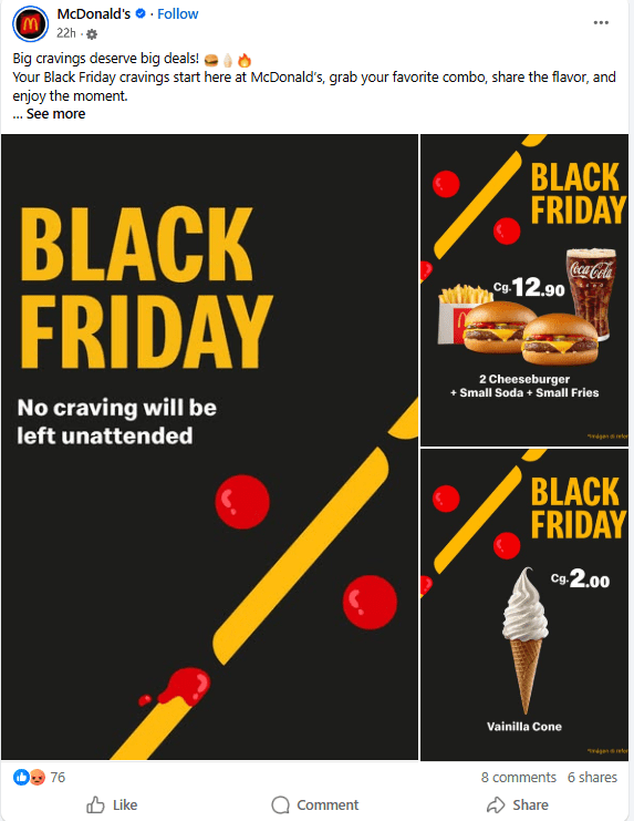 Black Friday Marketing 2025: Strategy, Channels & Revenue-Boosting Tactics 8 McDonald's Black Friday Deal Post on Facebook