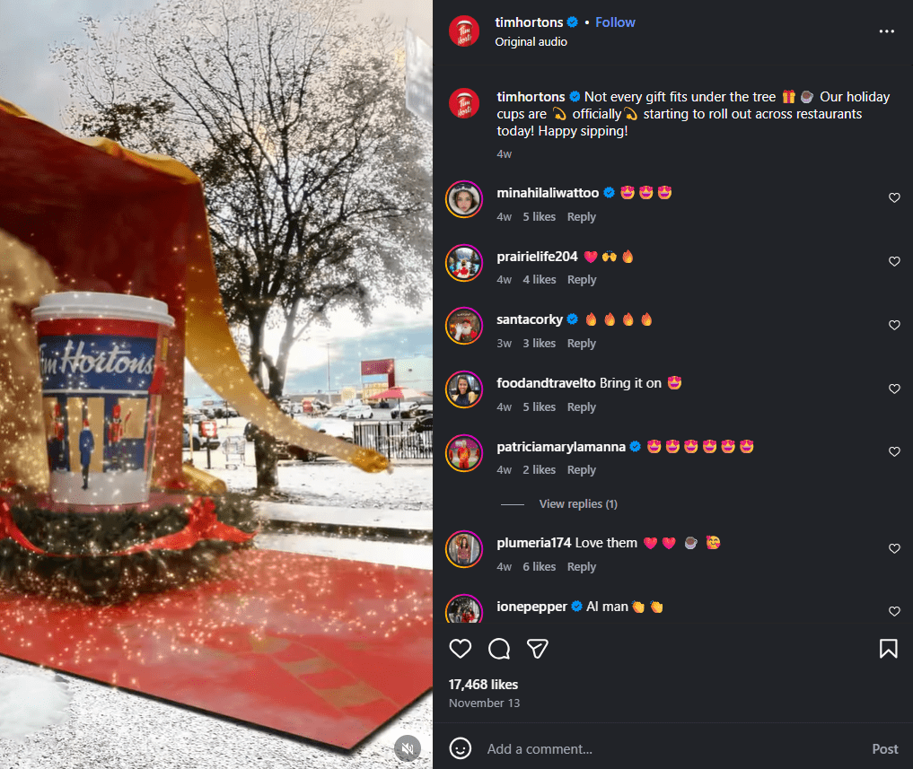 A Christmas Social Media Post by Tim Hortons
