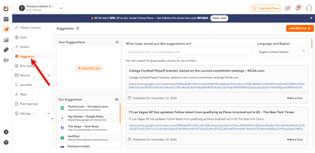 Social Champ’s Content Suggestions Feature