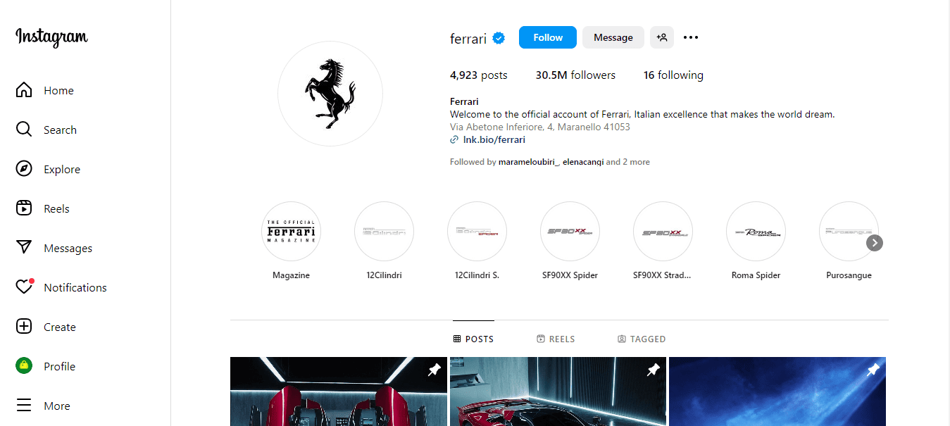 How to Get More Views on Instagram: Proven Strategies for 2026 6 A Screenshot of @Ferrari, Showing a Well-Optimized Instagram Profile