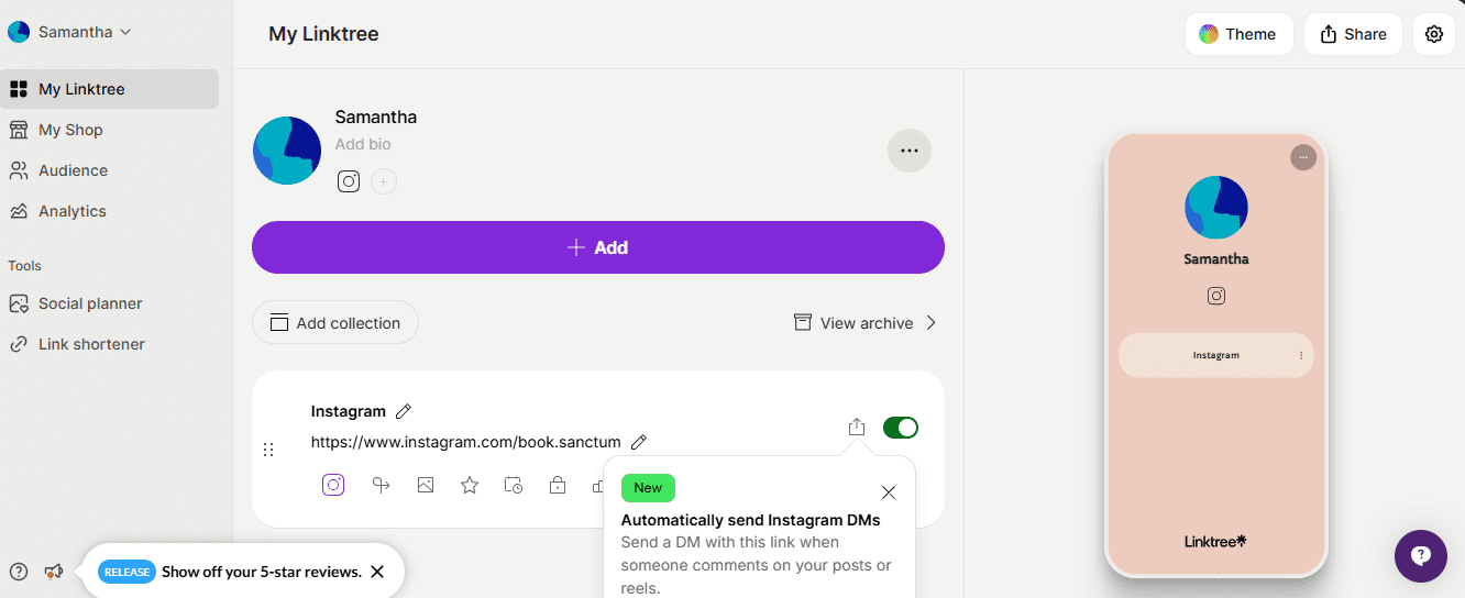 Linktree's Dashboard