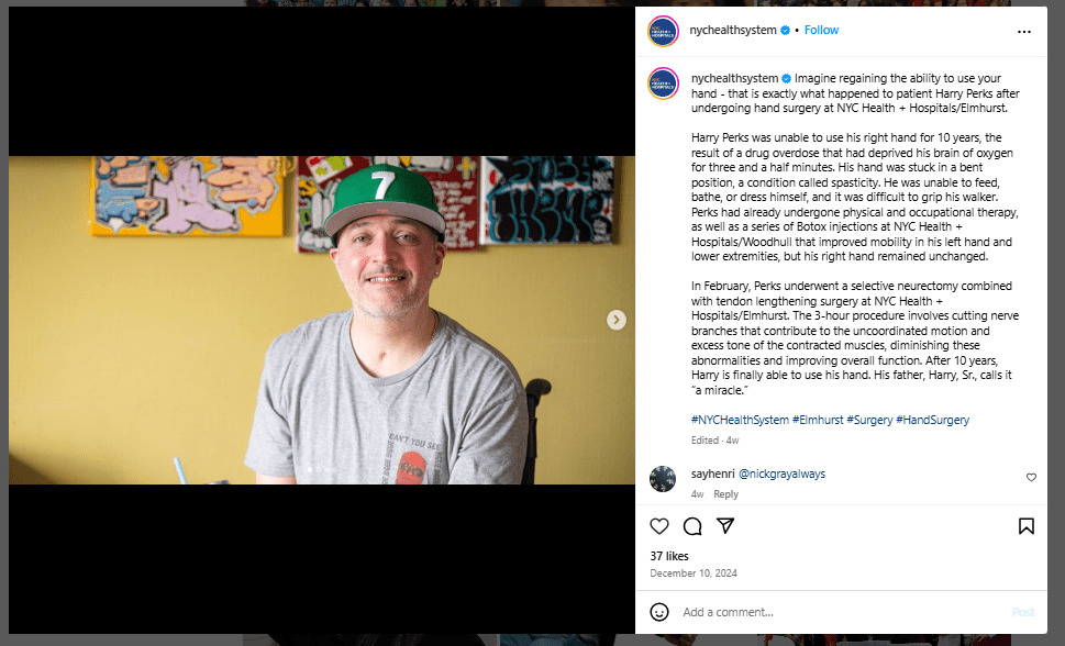 Social Media in Healthcare: Key Strategies for Success in 2025 11 Instagram post from NYC Health sharing a patient success story.
