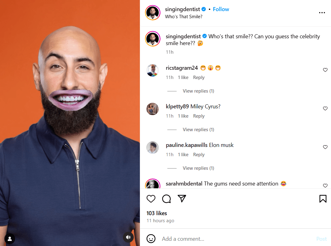 100+ Dental Social Media Post Ideas to Engage & Grow Your Practice 8 Fun Instagram Post by @singingdentist