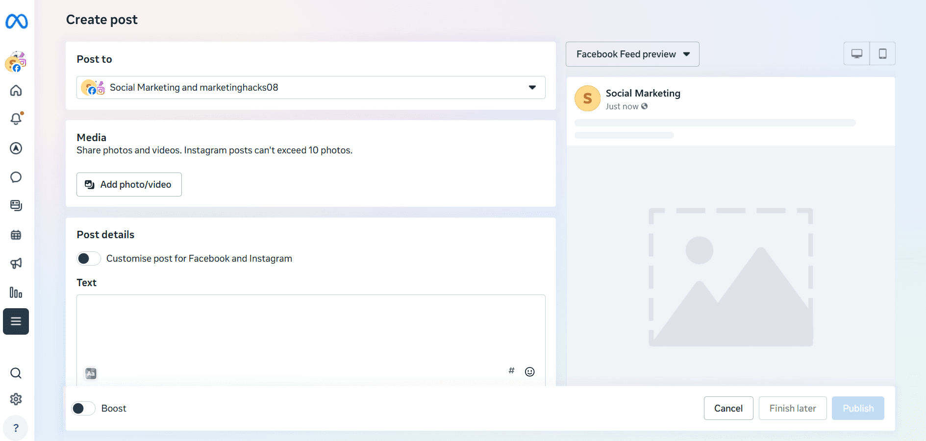 Meta Business Suite’s Create Post Option