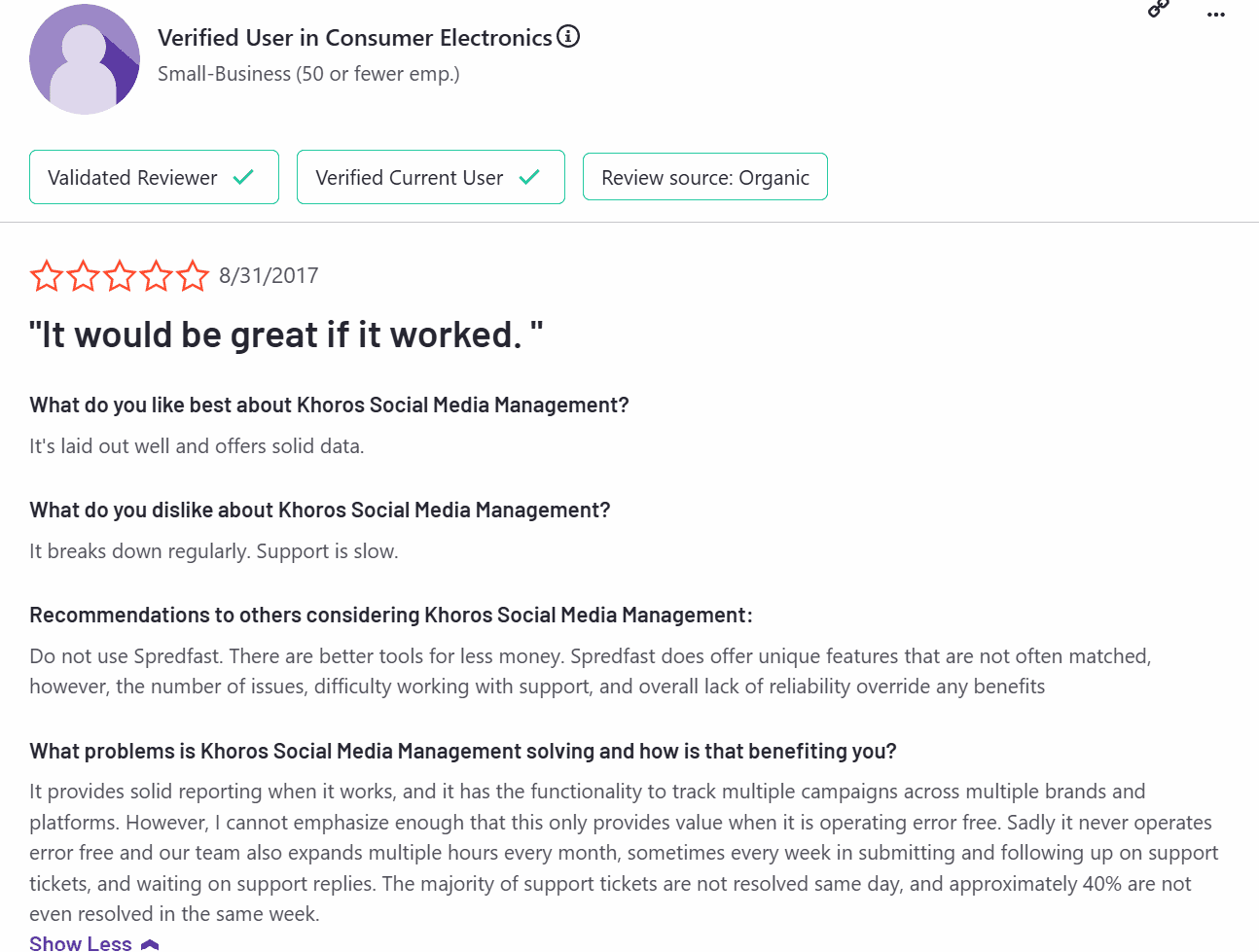 Experience of a Consumer Electronics User With Khoros on G2