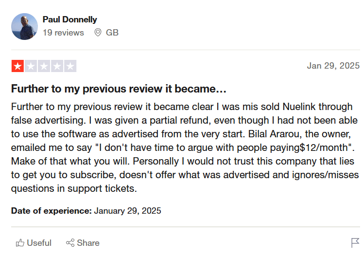 A Negative Review for Nuelink on Truspilot