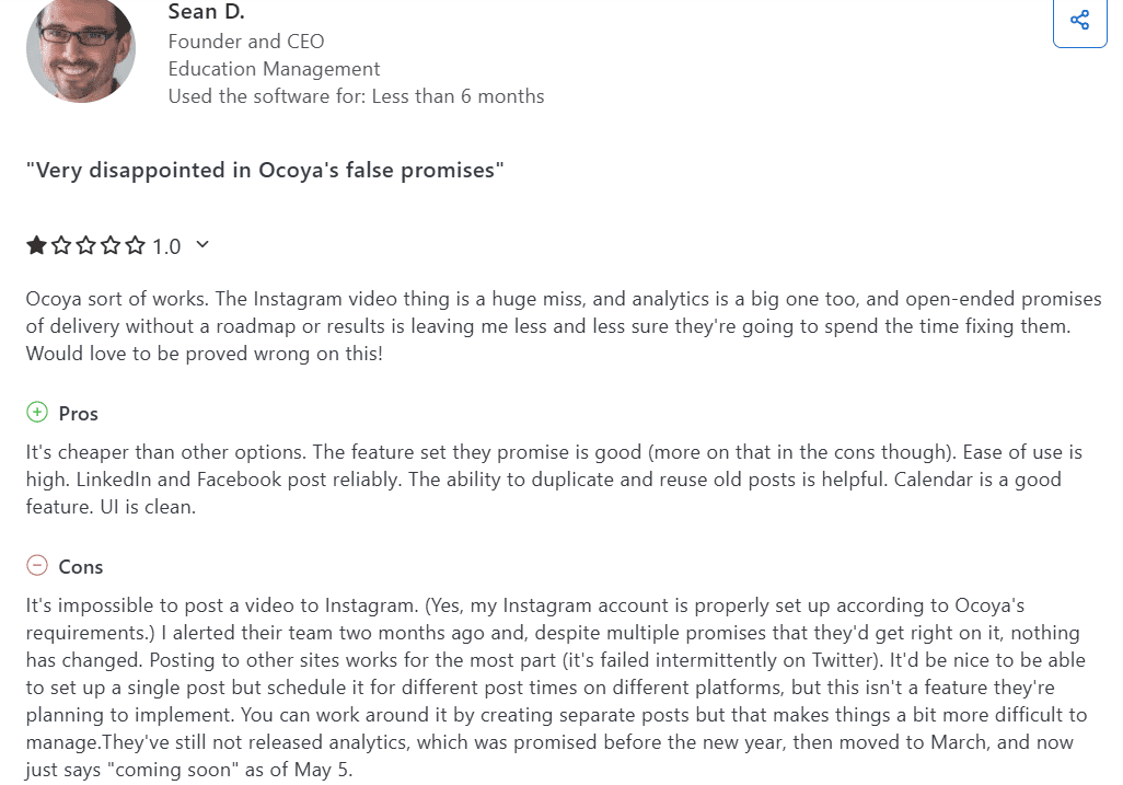 Is Ocoya Pricing Justified? Here's What You’re Really Paying For 8 A Negative Review for Ocoya on Capterra