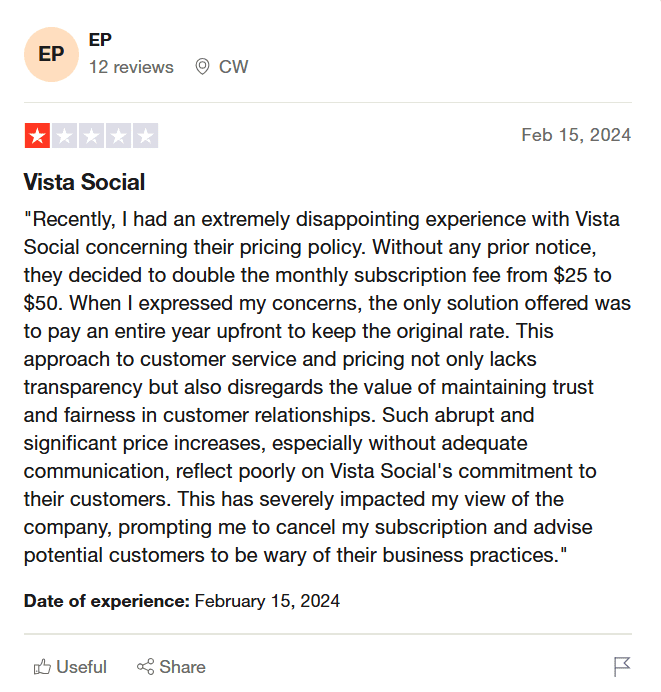Is Vista Social Pricing Worth the Cost? Here's What You're Actually Paying For 9 A Negative Review for Vista Social on Trustpilot