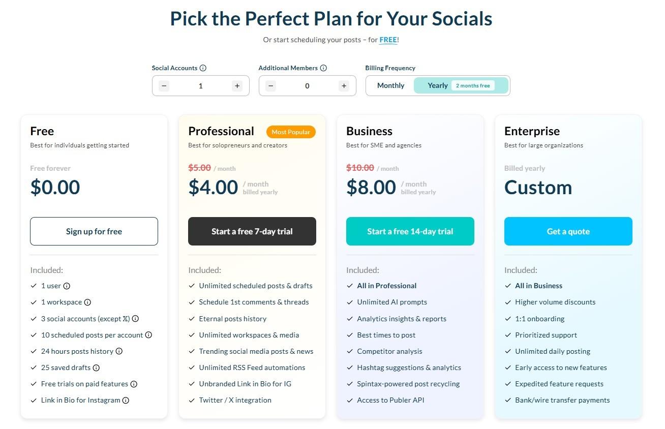 Publer's Pricing Plans