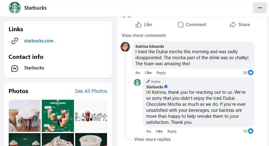 Starbuck’s Reply to Facebook Follower